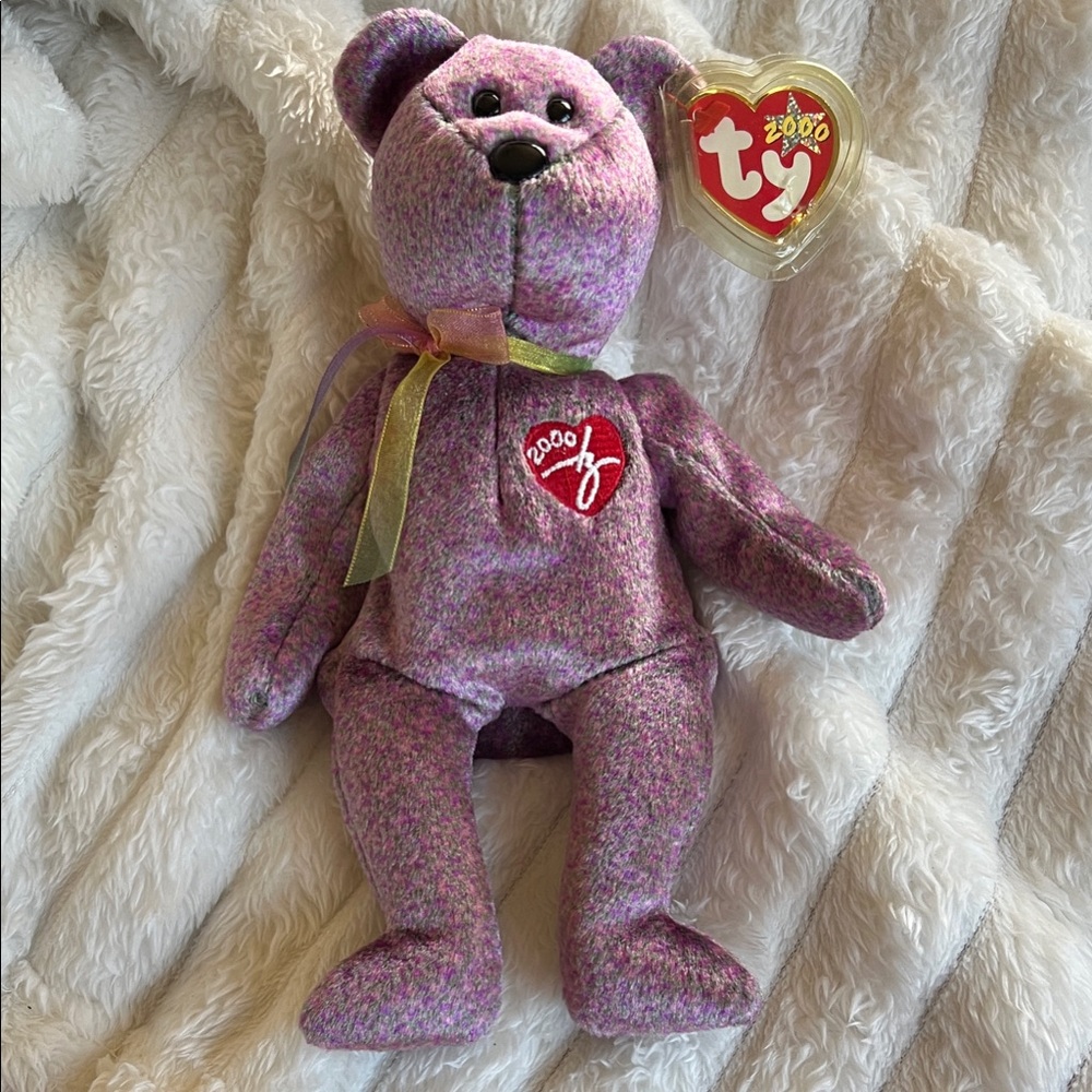 RARE WITH ERRORS! Ty Purple Tweed Millennium 2000 Bear with Ribbon and Heart Tag